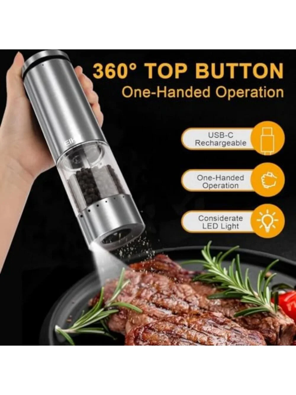 USB Rechargeable Electric Salt & Pepper Grinder Set, Adjustable Coarseness, LED